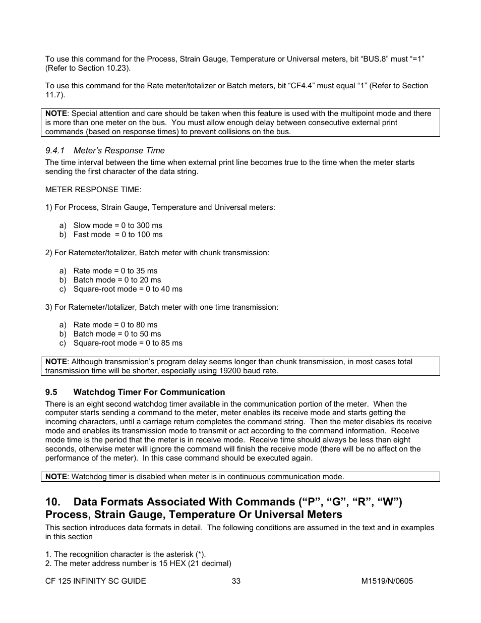 1meter’s response time, 5watchdog timer for communication, Data formats associated with commands \(“p | Meter’s response time, Watchdog timer for communication, Temperature or universal meters | Cooper Instruments & Systems DFI INFINITY Digital Force Indicator/Controller User Manual | Page 37 / 78