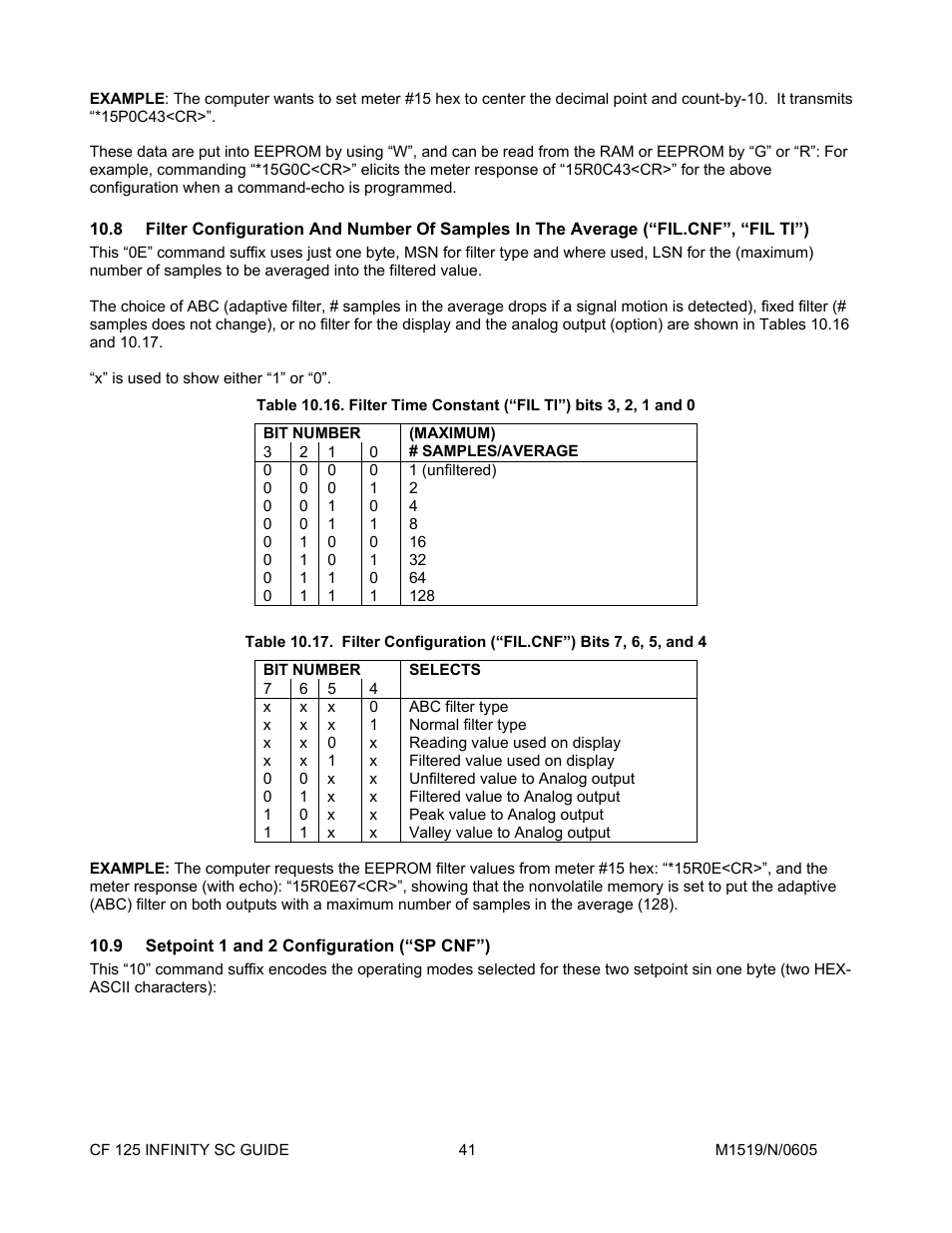 8 filter configuration and number of samples i, 9setpoint 1 and 2 configuration \(“sp cnf, Setpoint 1 and 2 configuration (“sp cnf”) | Cooper Instruments & Systems DFI INFINITY Digital Force Indicator/Controller User Manual | Page 45 / 78