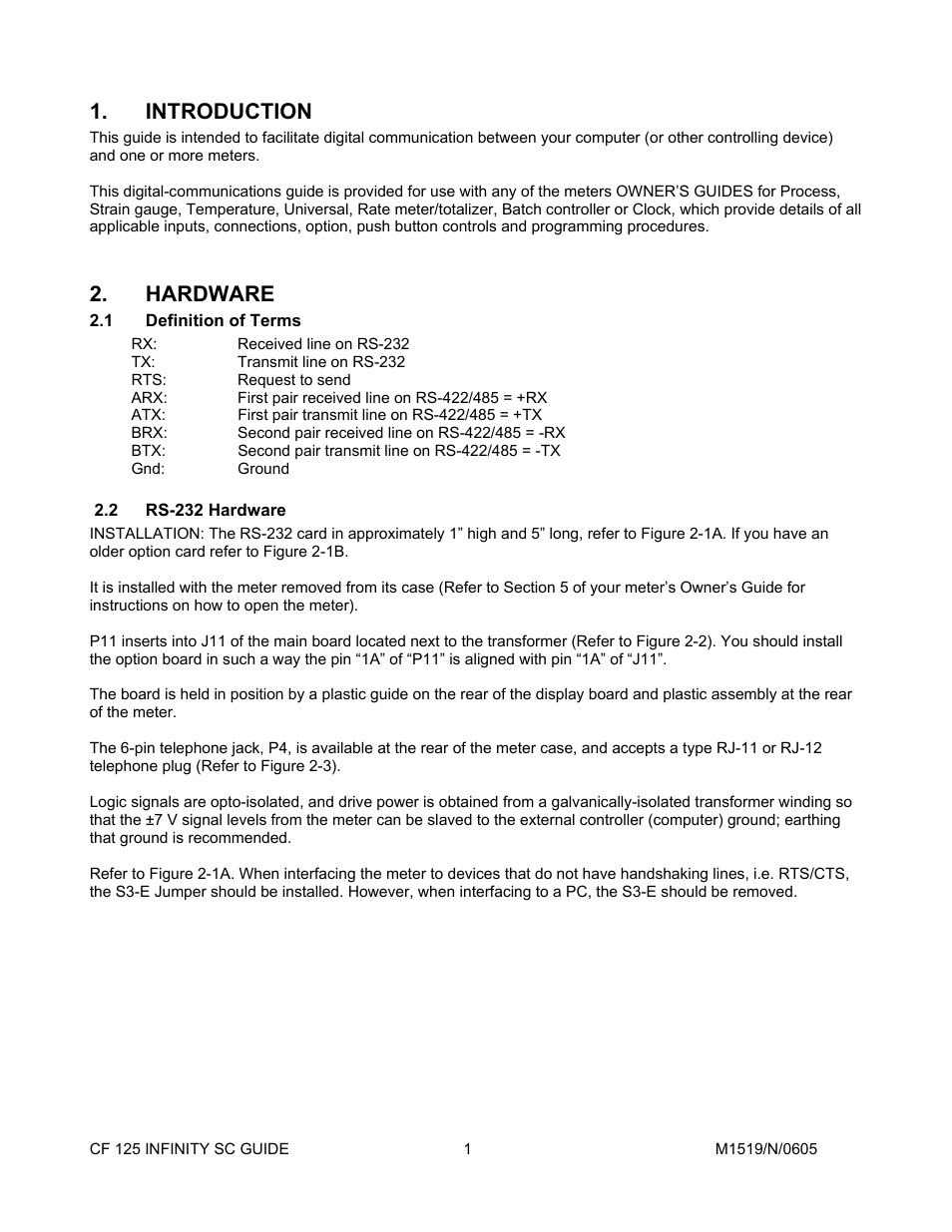 Introduction, Hardware, 1definition of terms | 2rs-232 hardware, Definition of terms, Rs-232 hardware | Cooper Instruments & Systems DFI INFINITY Digital Force Indicator/Controller User Manual | Page 5 / 78