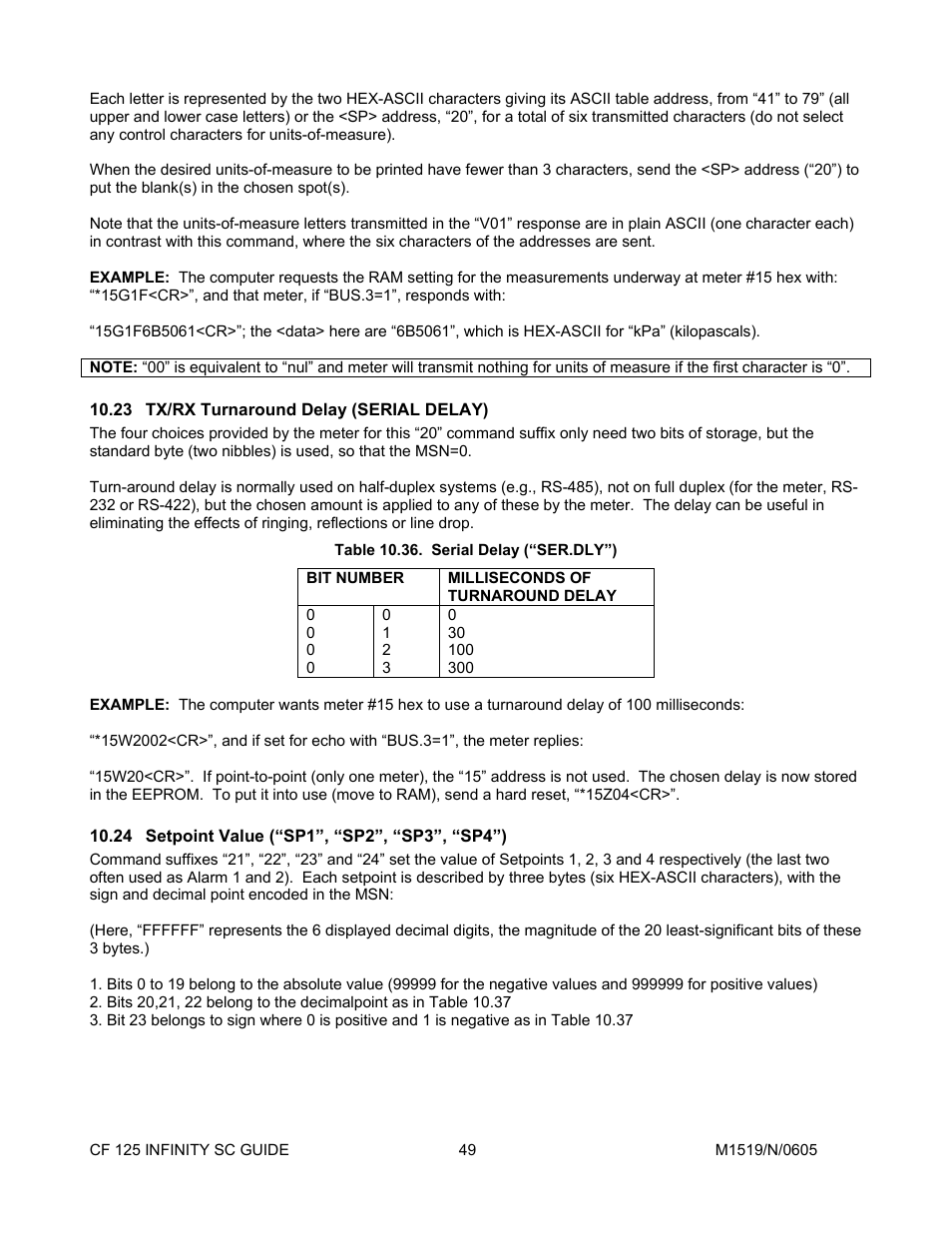 23tx/rx turnaround delay (serial delay), 24setpoint value \(“sp1”, “sp2”, “sp3”, “sp4, Tx/rx turnaround delay (serial delay) | Setpoint value (“sp1”, “sp2”, “sp3”, “sp4”) | Cooper Instruments & Systems DFI INFINITY Digital Force Indicator/Controller User Manual | Page 53 / 78