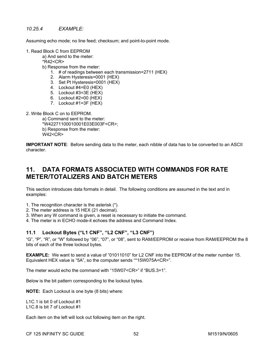 4example, 1lockout bytes \(“l1 cnf”, “l2 cnf”, “l3 cnf, Example | Batch meters, Lockout bytes (“l1 cnf”, “l2 cnf”, “l3 cnf”) | Cooper Instruments & Systems DFI INFINITY Digital Force Indicator/Controller User Manual | Page 56 / 78