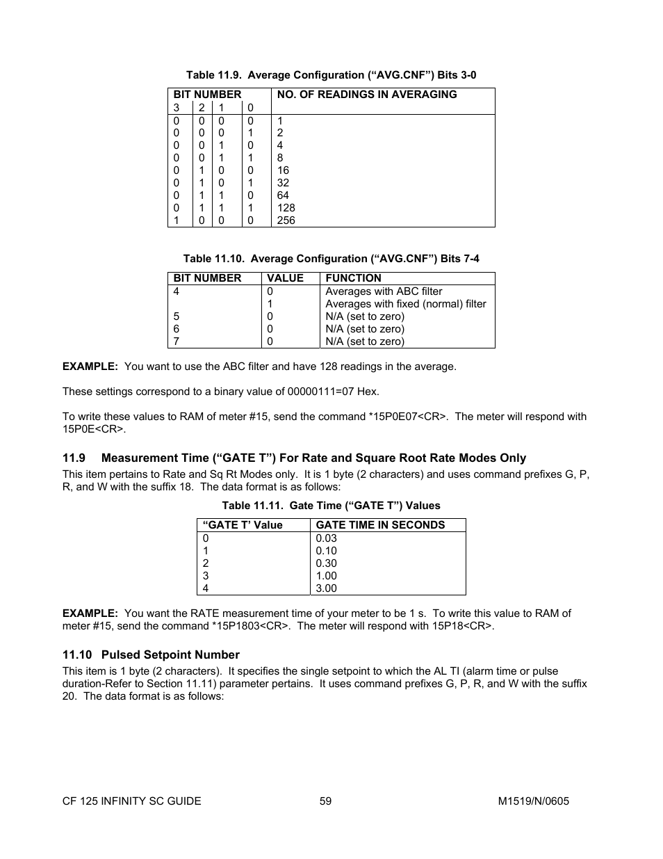No. of readings in averaging, Value, 9measurement time \(“gate t”\) for rate and | 10 pulsed setpoint number, Pulsed setpoint number | Cooper Instruments & Systems DFI INFINITY Digital Force Indicator/Controller User Manual | Page 63 / 78