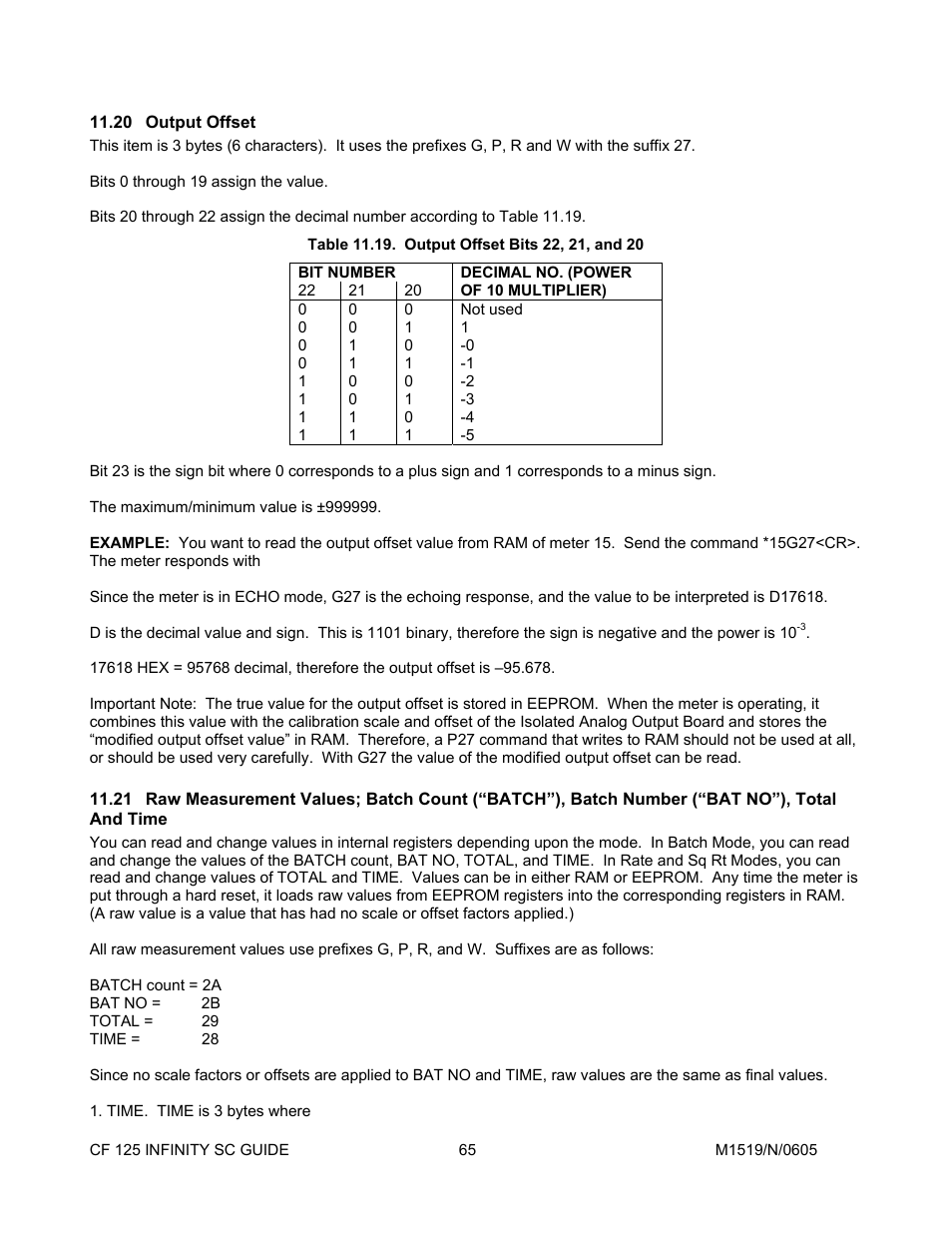 20output offset, 21raw measurement values; batch count \(“batc, Output offset | Time 65 | Cooper Instruments & Systems DFI INFINITY Digital Force Indicator/Controller User Manual | Page 69 / 78