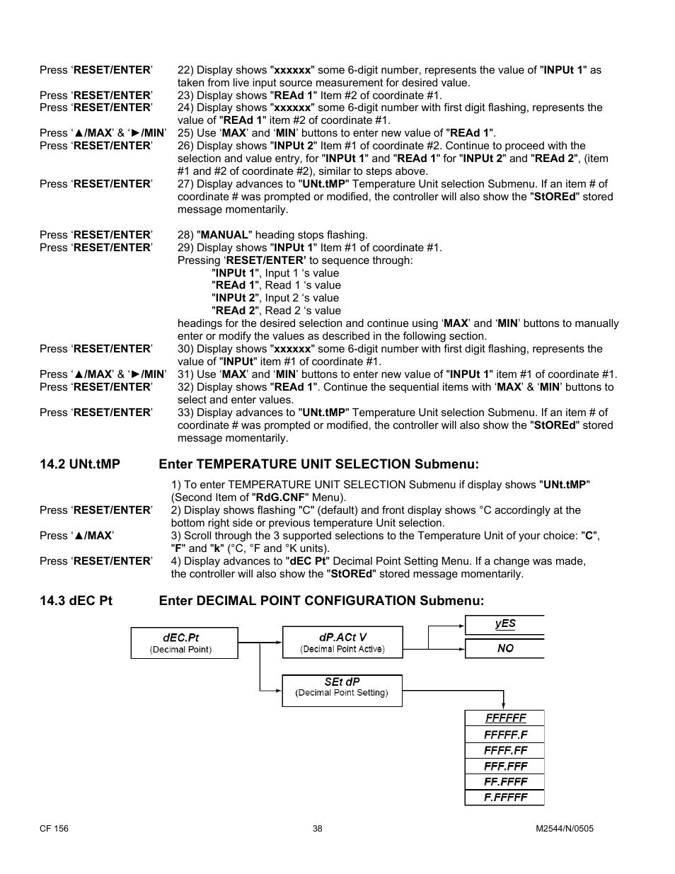 2 unt.tmp enter temperature unit selection submenu, 3 dec pt enter decimal point configuration submenu | Cooper Instruments & Systems DFI INFINITY B Ultra High Performance Digital Force Indicator User Manual | Page 43 / 90
