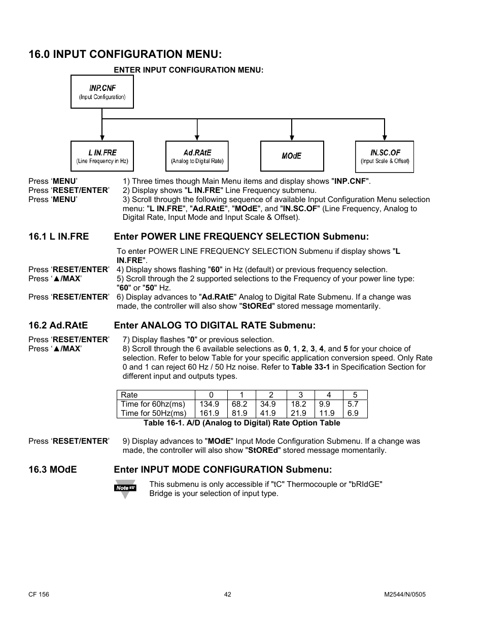 0 input configuration menu: (inp.cnf), 2 ad.rate enter analog to digital rate submenu, 3 mode enter input mode configuration submenu | Cooper Instruments & Systems DFI INFINITY B Ultra High Performance Digital Force Indicator User Manual | Page 47 / 90