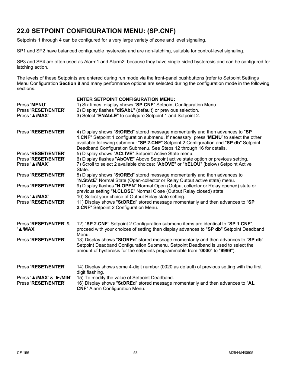 0 setpoint configuration menu: (sp.cnf) | Cooper Instruments & Systems DFI INFINITY B Ultra High Performance Digital Force Indicator User Manual | Page 58 / 90