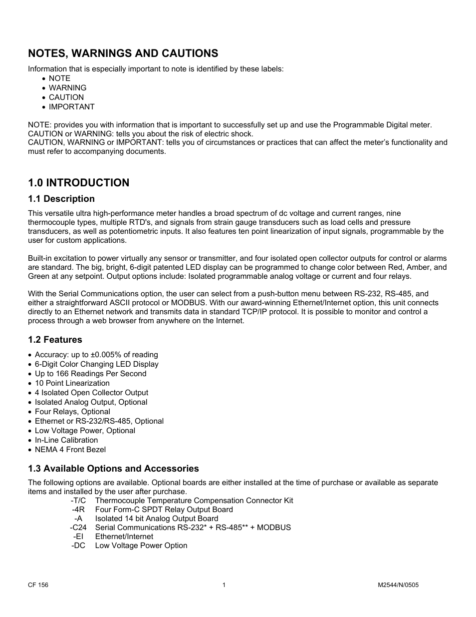Notes, warnings and cautions, 0 introduction, 1 description | 2 features, 3 available options and accessories | Cooper Instruments & Systems DFI INFINITY B Ultra High Performance Digital Force Indicator User Manual | Page 6 / 90