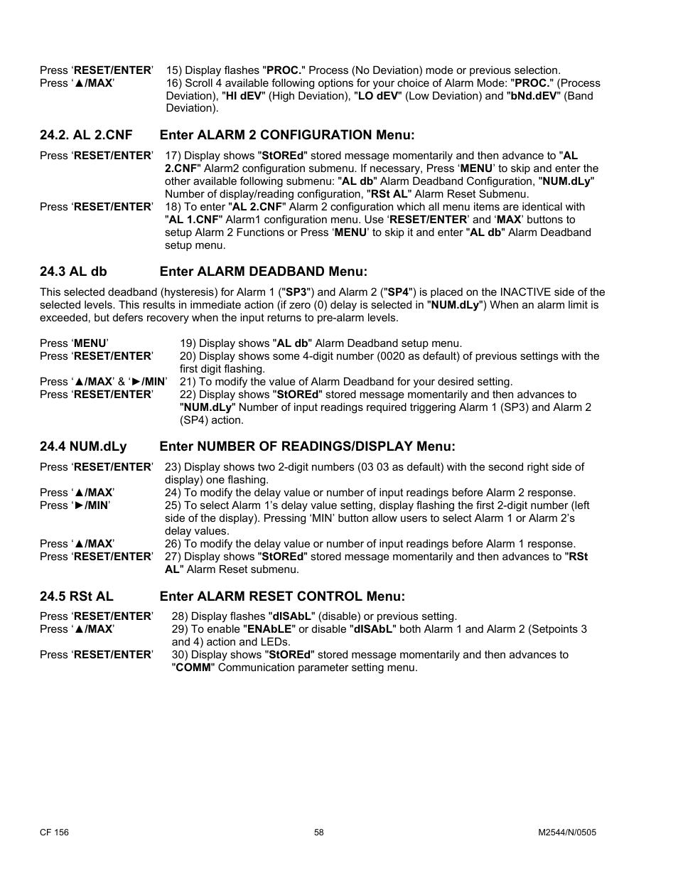 Al 2.cnf enter alarm 2 configuration menu, 3 al db enter alarm deadband menu, 4 num.dly enter number of readings/display menu | 5 rst al enter alarm reset control menu | Cooper Instruments & Systems DFI INFINITY B Ultra High Performance Digital Force Indicator User Manual | Page 63 / 90