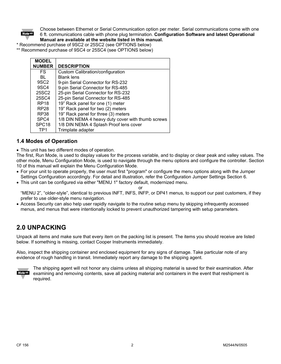 4 modes of operation, 0 unpacking | Cooper Instruments & Systems DFI INFINITY B Ultra High Performance Digital Force Indicator User Manual | Page 7 / 90