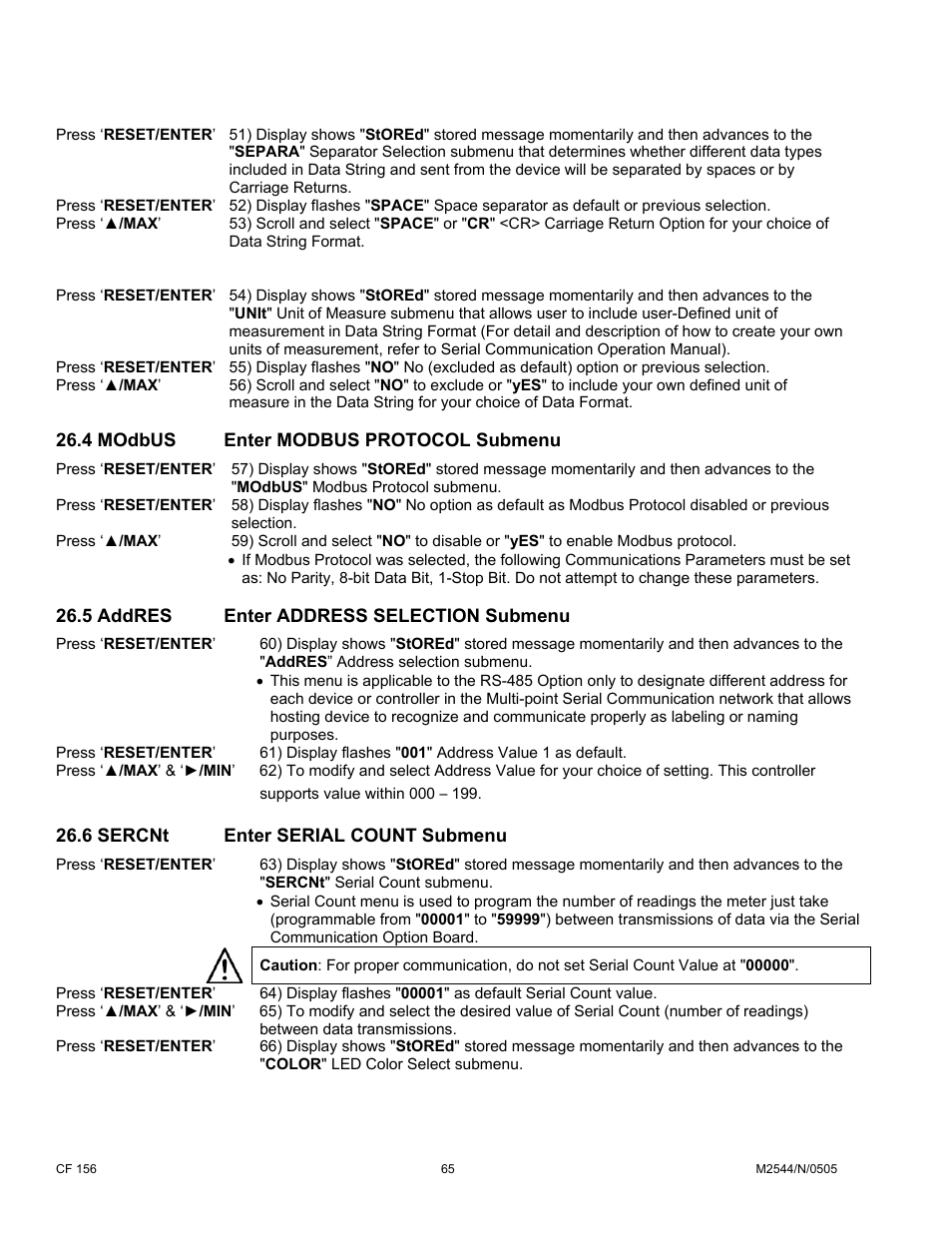 4 modbus enter modbus protocol submenu, 5 addres enter address selection submenu, 6 sercnt enter serial count submenu | Cooper Instruments & Systems DFI INFINITY B Ultra High Performance Digital Force Indicator User Manual | Page 70 / 90