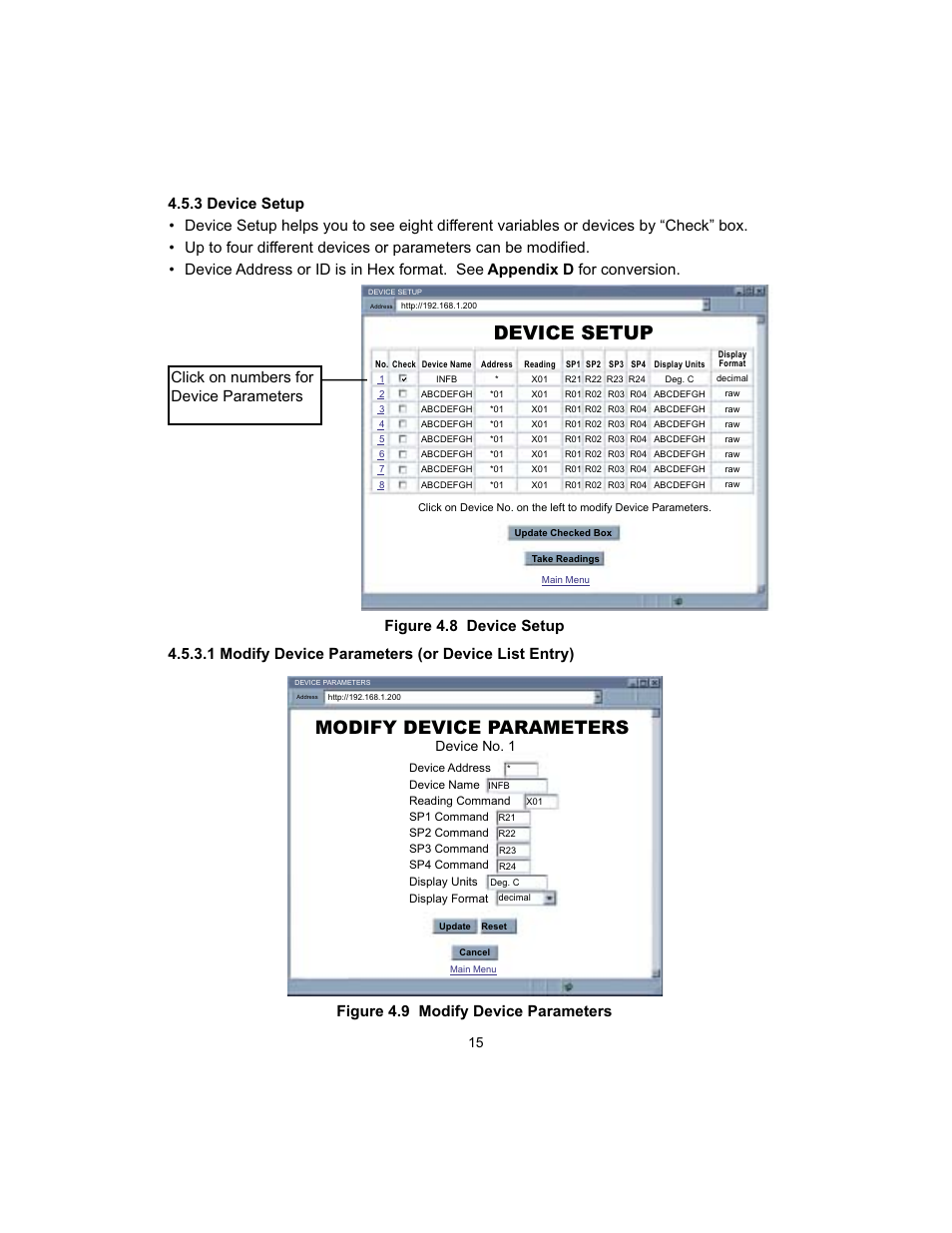 Device setup, Modify device parameters, Click on numbers for device parameters | Device no. 1 | Cooper Instruments & Systems DFI INFINITY B Ultra High Performance Digital Force Indicator User Manual | Page 18 / 45