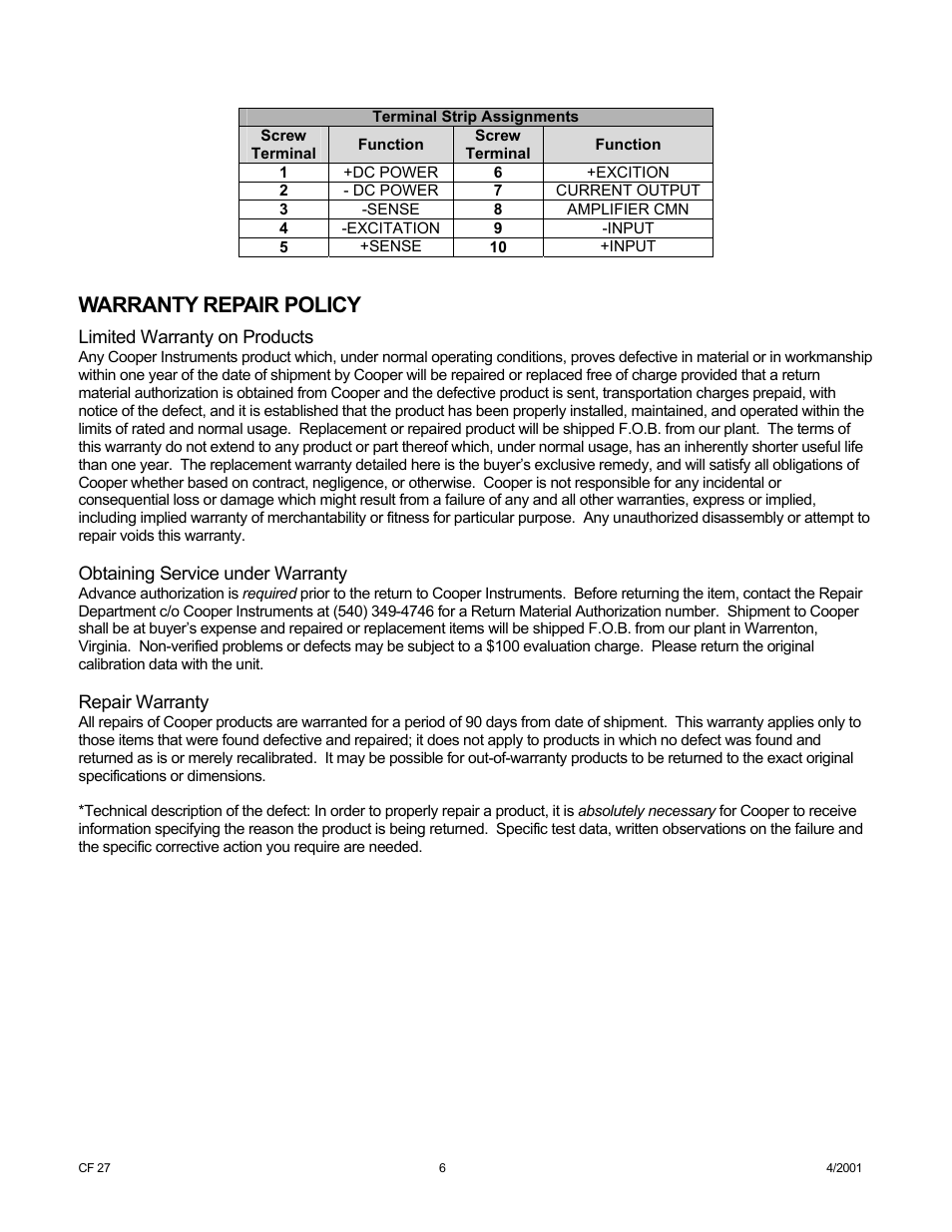 Warranty repair policy | Cooper Instruments & Systems DCM 437 Current Bridge Amplifier User Manual | Page 6 / 6