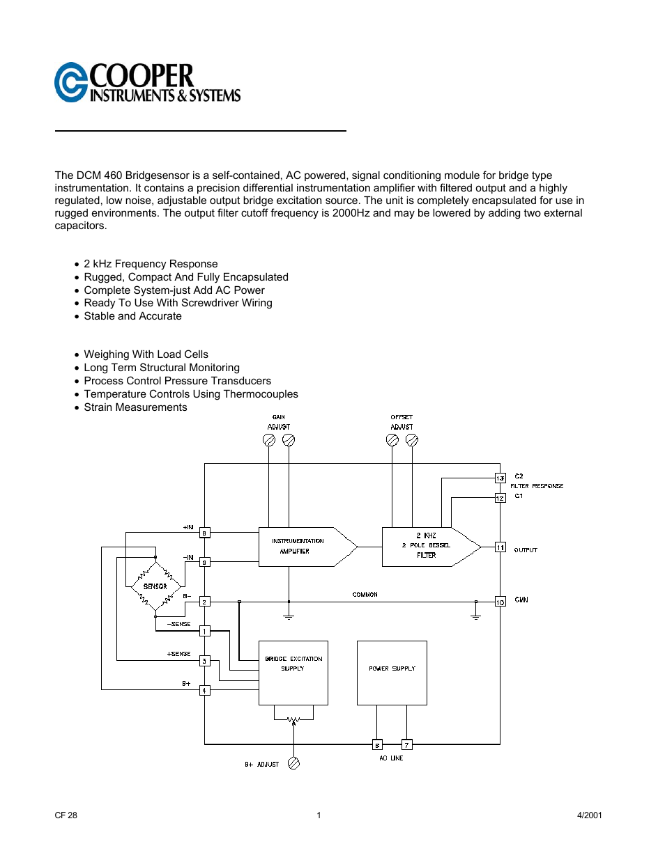 Cooper Instruments & Systems DCM 460 Voltage Bridge Amplifier User Manual | 6 pages
