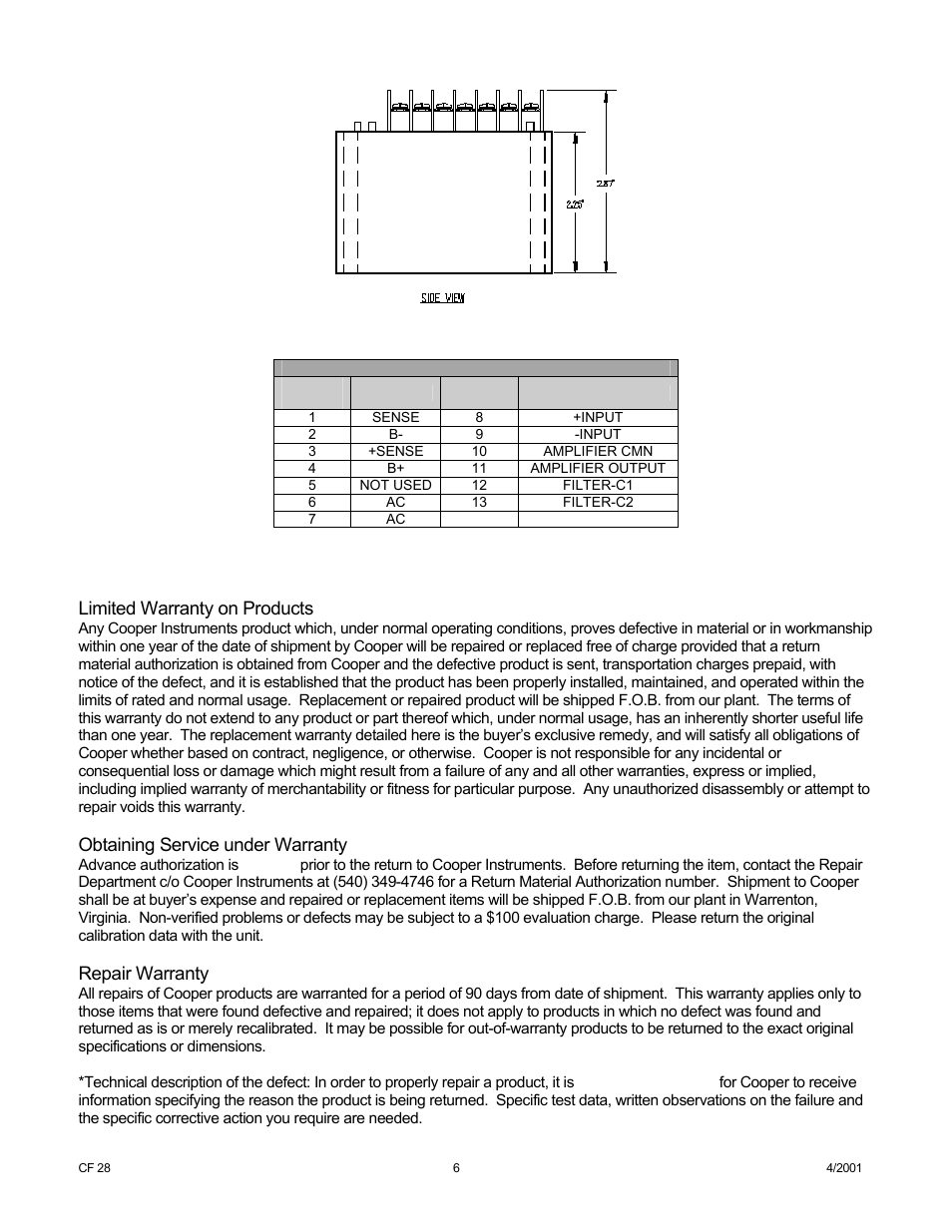 Warranty repair policy, Limited warranty on products, Obtaining service under warranty | Repair warranty | Cooper Instruments & Systems DCM 460 Voltage Bridge Amplifier User Manual | Page 6 / 6
