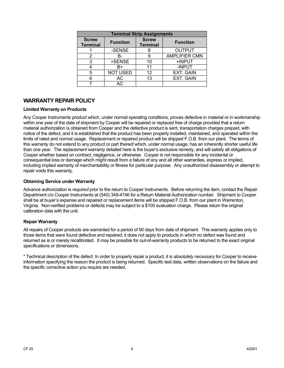 Cooper Instruments & Systems DCM 465 Voltage Bridge Amplifier User Manual | Page 6 / 6