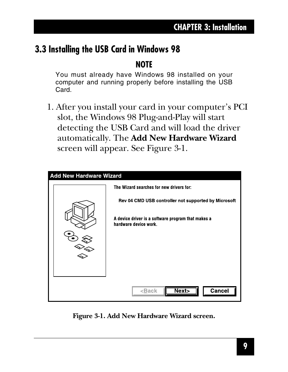 3 installing the usb card in windows 98 | Black Box IC136C User Manual | Page 10 / 23