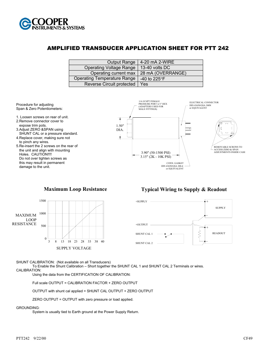 Cooper Instruments & Systems PTT 242 Gage/Absolute Pressure Transmitter User Manual | 1 page