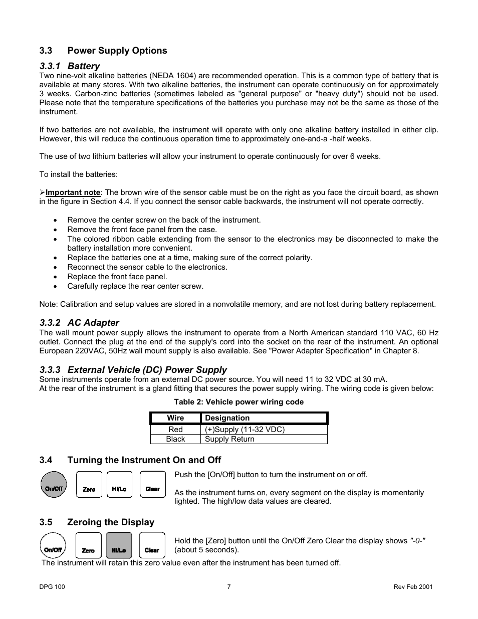 3power supply options, 1battery, 2ac adapter | 3external vehicle (dc) power supply, 4turning the instrument on and off, 5zeroing the display, Power supply options, Battery, Ac adapter, External vehicle (dc) power supply | Cooper Instruments & Systems DPG 100 Digital Pressure Test Gage User Manual | Page 10 / 24