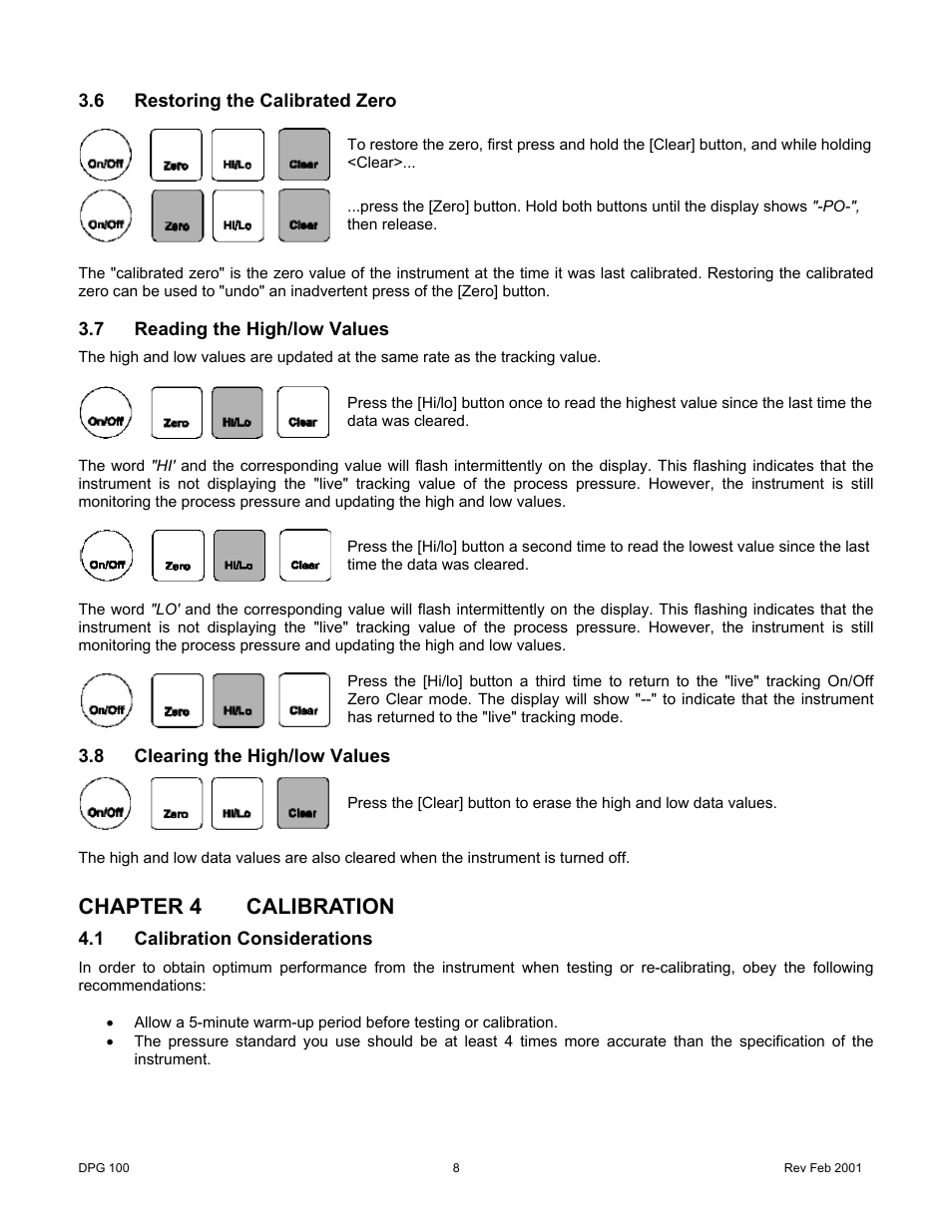 6restoring the calibrated zero, 7reading the high/low values, 8clearing the high/low values | Chapter 4calibration, 1calibration considerations, Restoring the calibrated zero, Reading the high/low values, Clearing the high/low values, Chapter 4 calibration, Calibration considerations | Cooper Instruments & Systems DPG 100 Digital Pressure Test Gage User Manual | Page 11 / 24