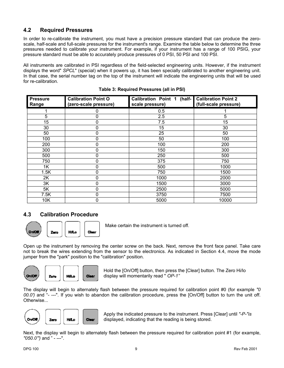 2required pressures, 3calibration procedure, Required pressures | Calibration procedure | Cooper Instruments & Systems DPG 100 Digital Pressure Test Gage User Manual | Page 12 / 24