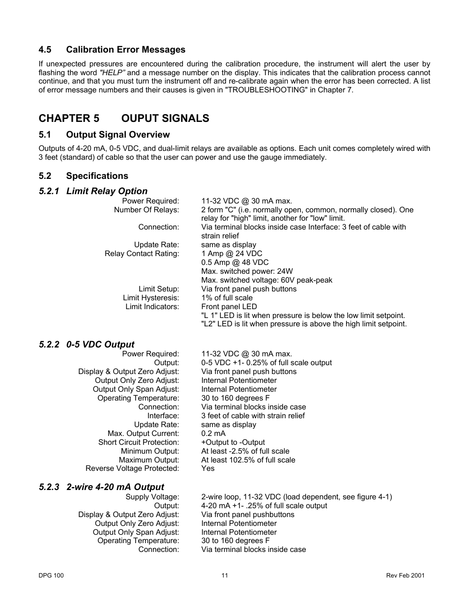 5calibration error messages, Chapter 5ouput signals, 1output signal overview | 2specifications, 1limit relay option, 5 vdc output, Wire 4-20 ma output, Calibration error messages, Chapter 5 ouput signals, Output signal overview | Cooper Instruments & Systems DPG 100 Digital Pressure Test Gage User Manual | Page 14 / 24