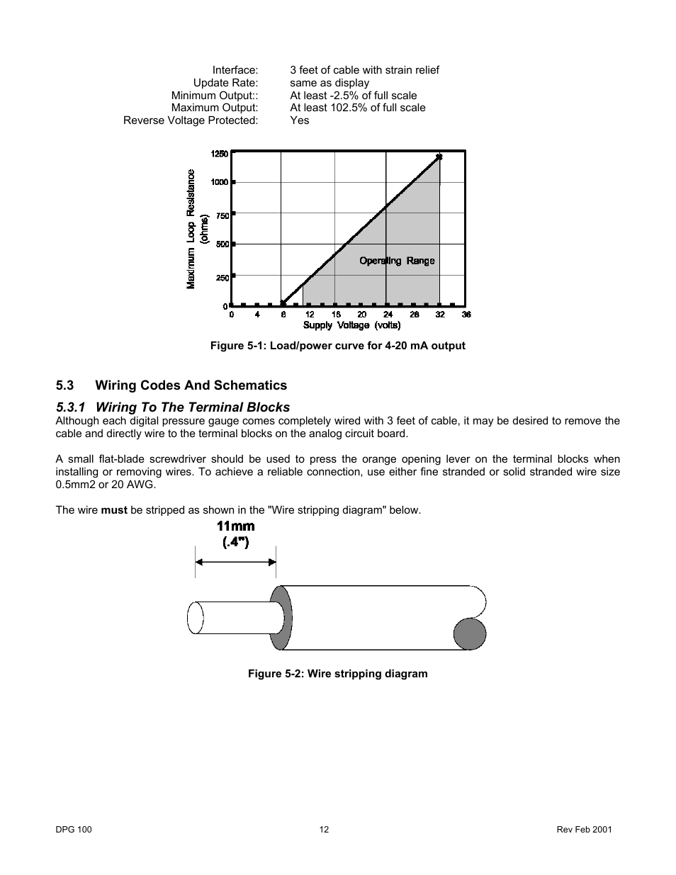 3wiring codes and schematics, 1wiring to the terminal blocks, Wiring codes and schematics | Wiring to the terminal blocks | Cooper Instruments & Systems DPG 100 Digital Pressure Test Gage User Manual | Page 15 / 24