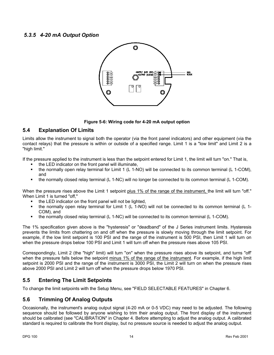 20 ma output option, 4explanation of limits, 5entering the limit setpoints | 6trimming of analog outputs, Explanation of limits, Entering the limit setpoints, Trimming of analog outputs | Cooper Instruments & Systems DPG 100 Digital Pressure Test Gage User Manual | Page 17 / 24
