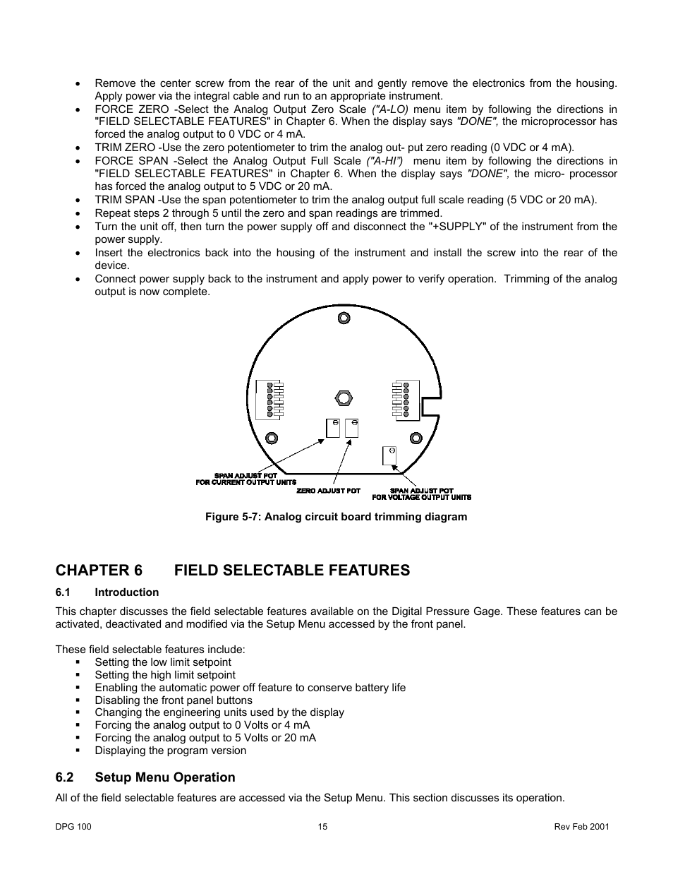 Chapter 6field selectable features, 1introduction, 2setup menu operation | Chapter 6 field selectable features, Introduction, Setup menu operation | Cooper Instruments & Systems DPG 100 Digital Pressure Test Gage User Manual | Page 18 / 24