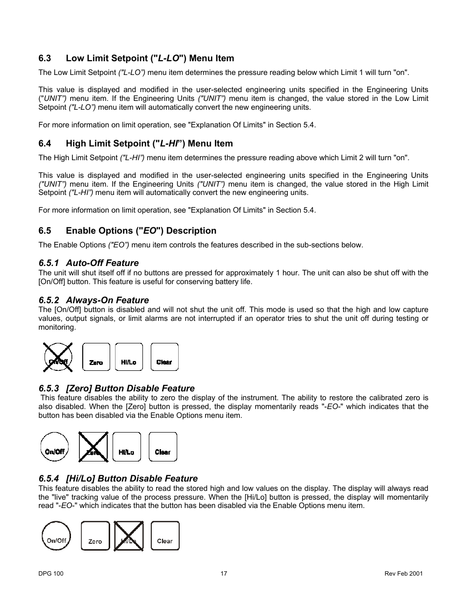 3low limit setpoint ("l-lo") menu item, 4high limit setpoint \("l-hi”\) menu item, 5enable options ("eo") description | 1auto-off feature, 2always-on feature, 3[zero] button disable feature, 4[hi/lo] button disable feature, Low limit setpoint (" l-lo ") menu item, High limit setpoint (" l-hi ”) menu item, Enable options (" eo ") description | Cooper Instruments & Systems DPG 100 Digital Pressure Test Gage User Manual | Page 20 / 24