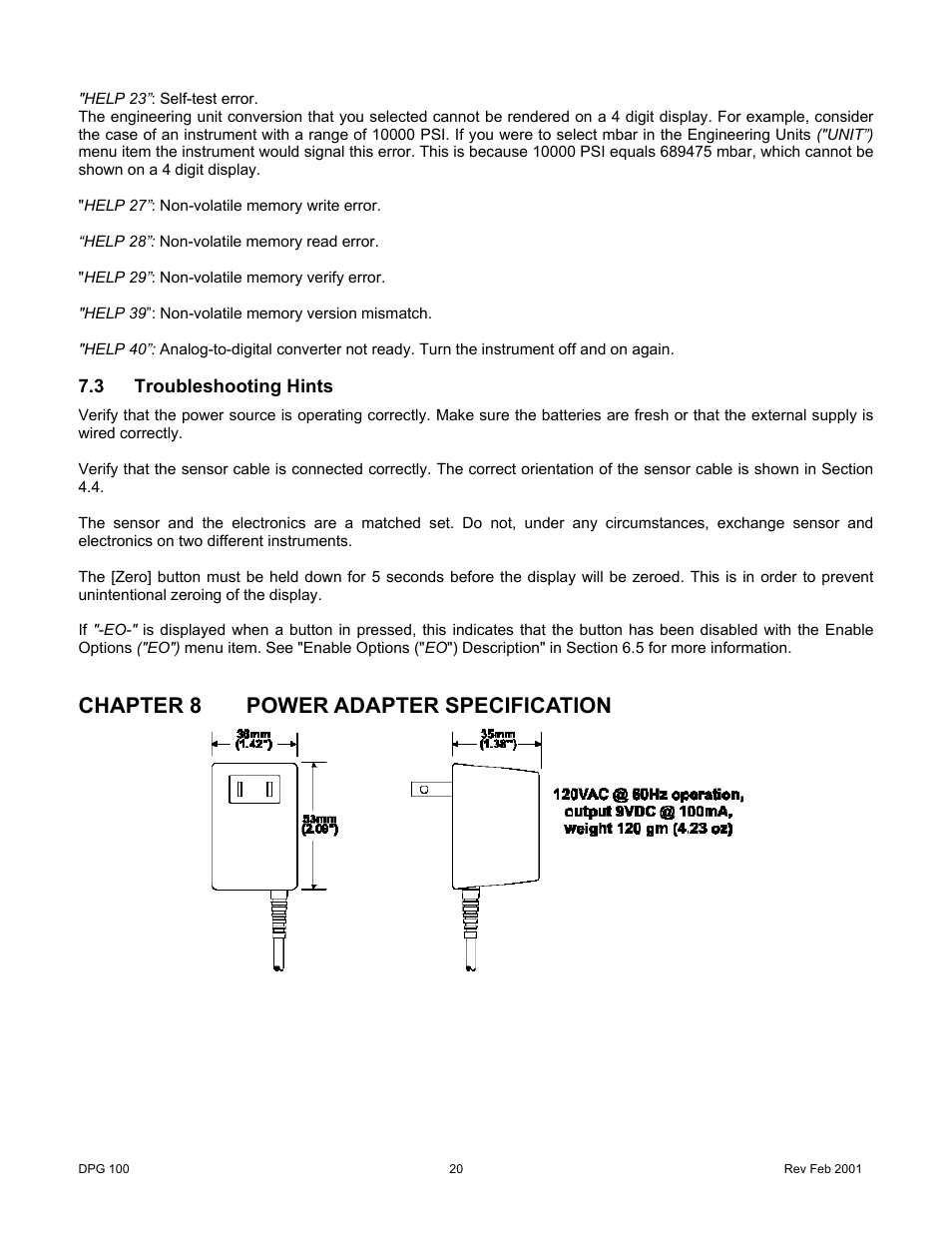 3troubleshooting hints, Chapter 8power adapter specification, Troubleshooting hints | Chapter 8 power adapter specification | Cooper Instruments & Systems DPG 100 Digital Pressure Test Gage User Manual | Page 23 / 24