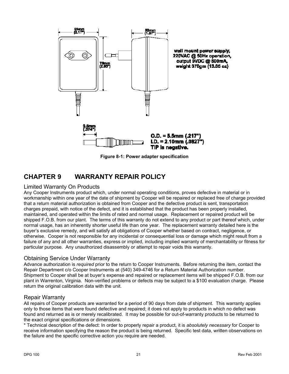 Chapter 9warranty repair policy, Chapter 9 warranty repair policy | Cooper Instruments & Systems DPG 100 Digital Pressure Test Gage User Manual | Page 24 / 24