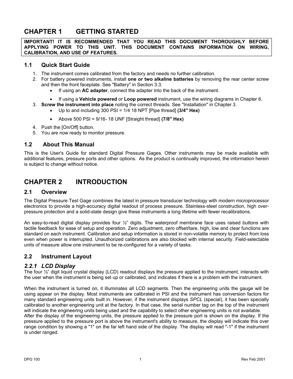 Chapter 1getting started, 1quick start guide, 2 about this manual | Chapter 2introduction, 1overview, 2instrument layout, 1lcd display, Chapter 1 getting started, Quick start guide, About this manual | Cooper Instruments & Systems DPG 100 Digital Pressure Test Gage User Manual | Page 4 / 24