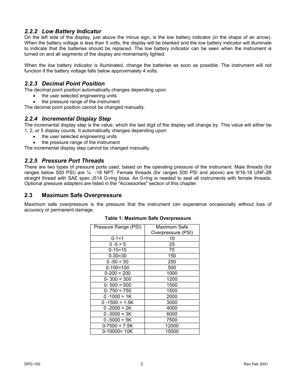 2low battery indicator, 3decimal point position, 4incremental display step | 5pressure port threads, 3maximum safe overpressure, Low battery indicator, Decimal point position, Incremental display step, Pressure port threads, Maximum safe overpressure | Cooper Instruments & Systems DPG 100 Digital Pressure Test Gage User Manual | Page 5 / 24