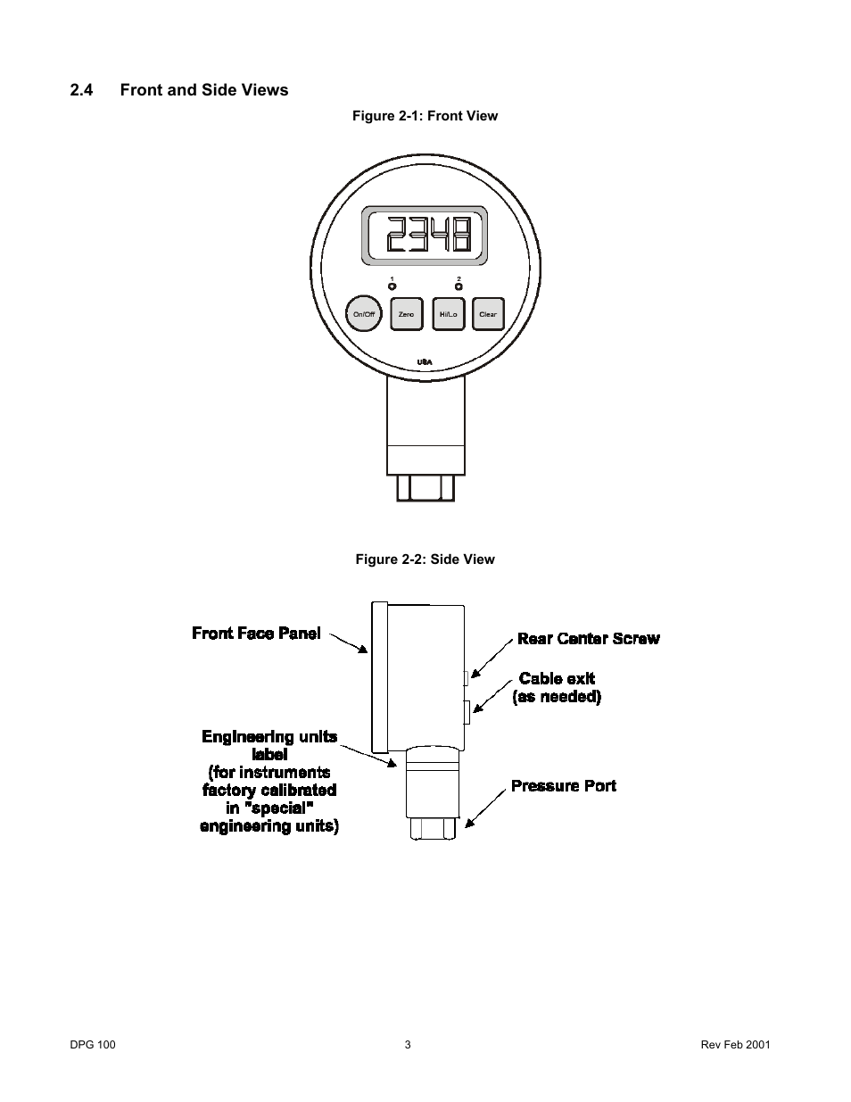4front and side views, Front and side views | Cooper Instruments & Systems DPG 100 Digital Pressure Test Gage User Manual | Page 6 / 24
