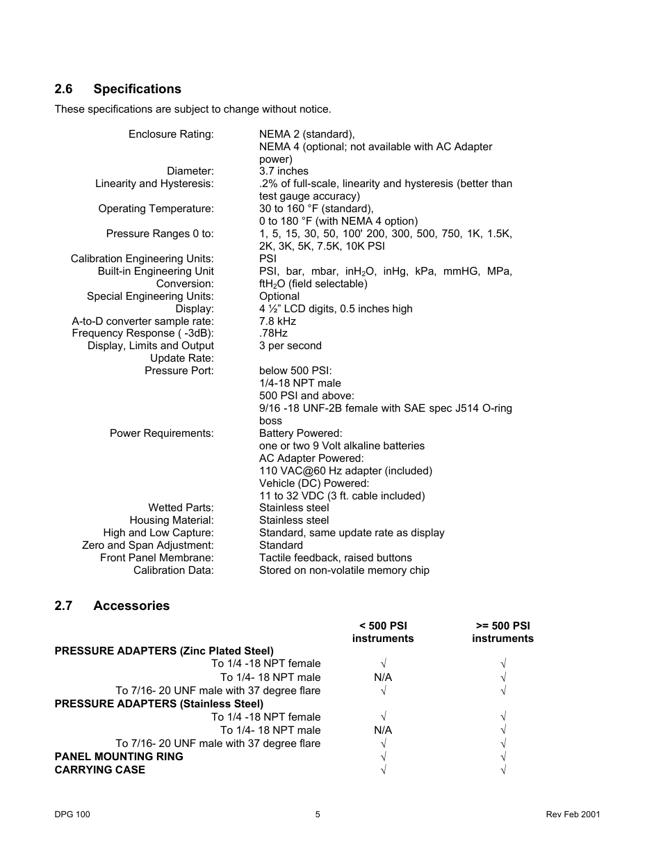 6specifications, 7accessories, Specifications | Accessories | Cooper Instruments & Systems DPG 100 Digital Pressure Test Gage User Manual | Page 8 / 24