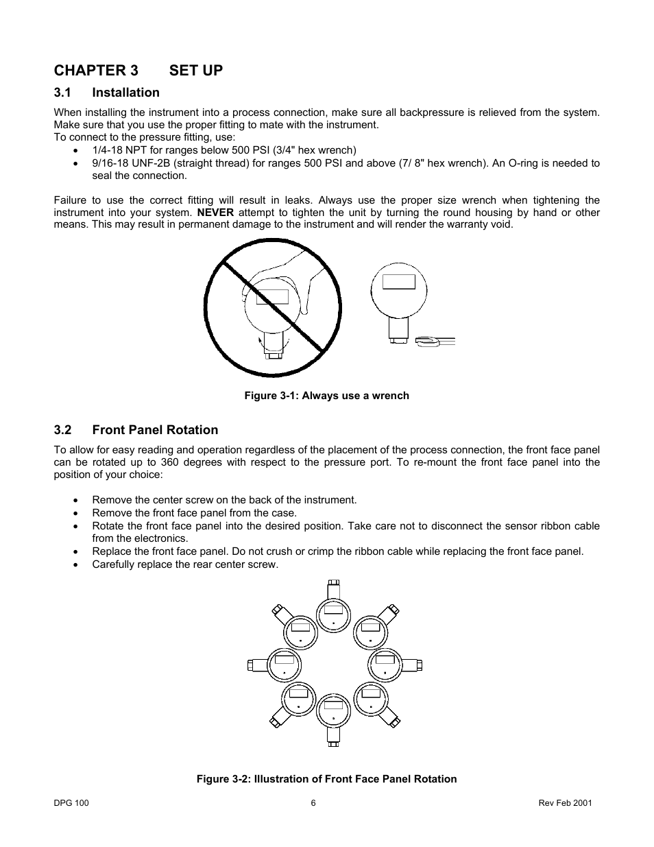 Chapter 3set up, 1installation, 2front panel rotation | Chapter 3 set up, Installation, Front panel rotation | Cooper Instruments & Systems DPG 100 Digital Pressure Test Gage User Manual | Page 9 / 24