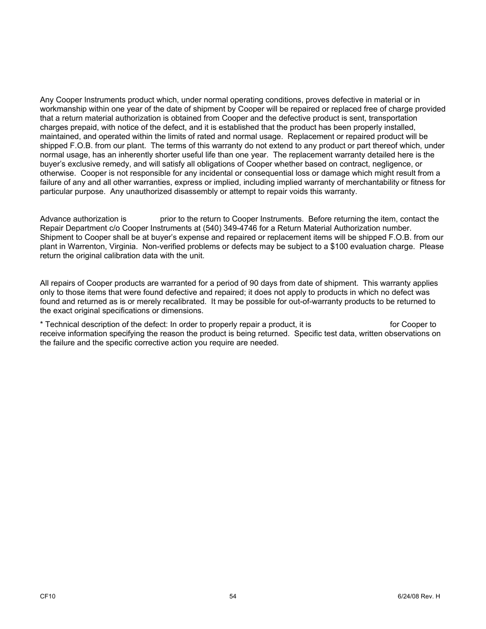 Warranty repair policy | Cooper Instruments & Systems ELF 4200 Flexiforce Paper Thin Sensor User Manual | Page 57 / 57