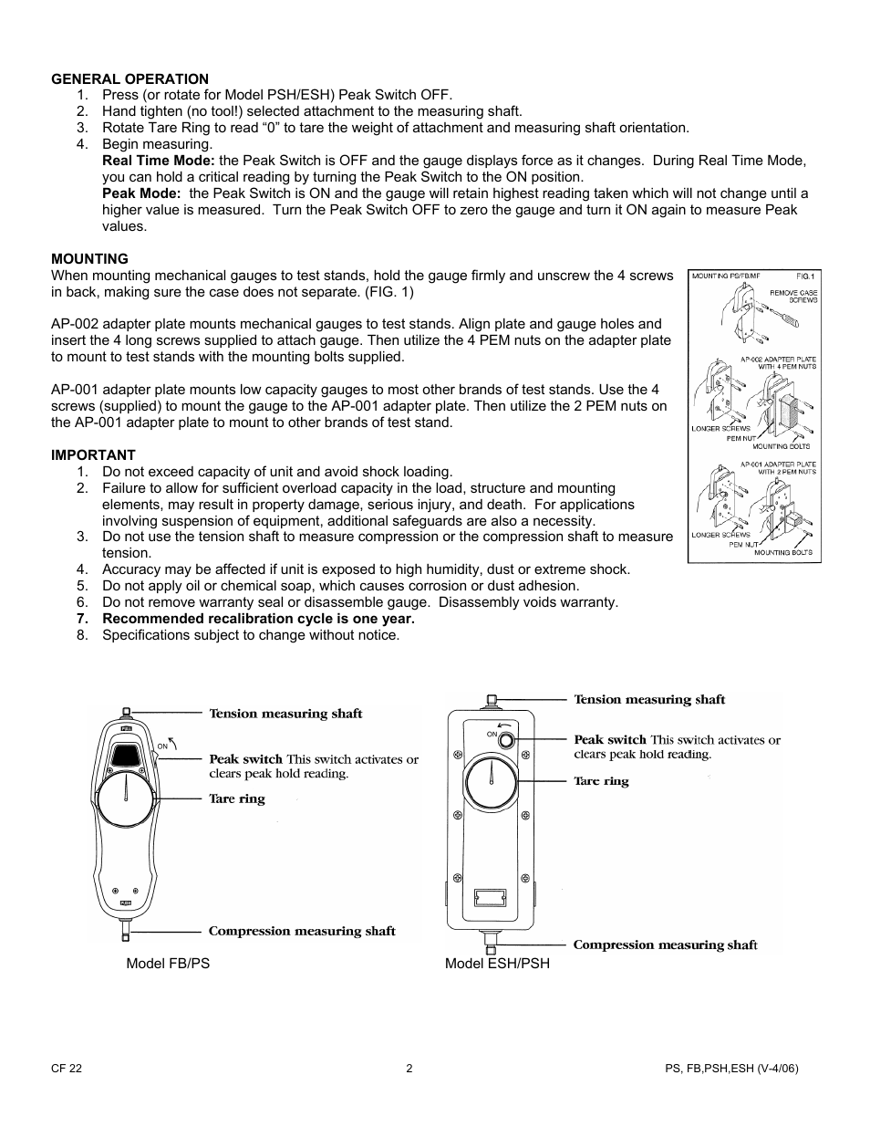 Cooper Instruments & Systems PS Mechanical Force Gages User Manual | Page 2 / 6