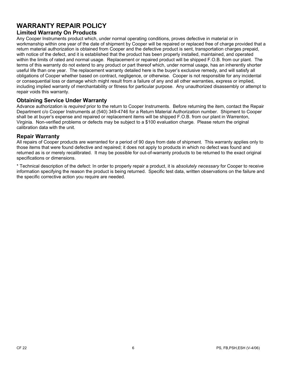 Warranty repair policy | Cooper Instruments & Systems PS Mechanical Force Gages User Manual | Page 6 / 6