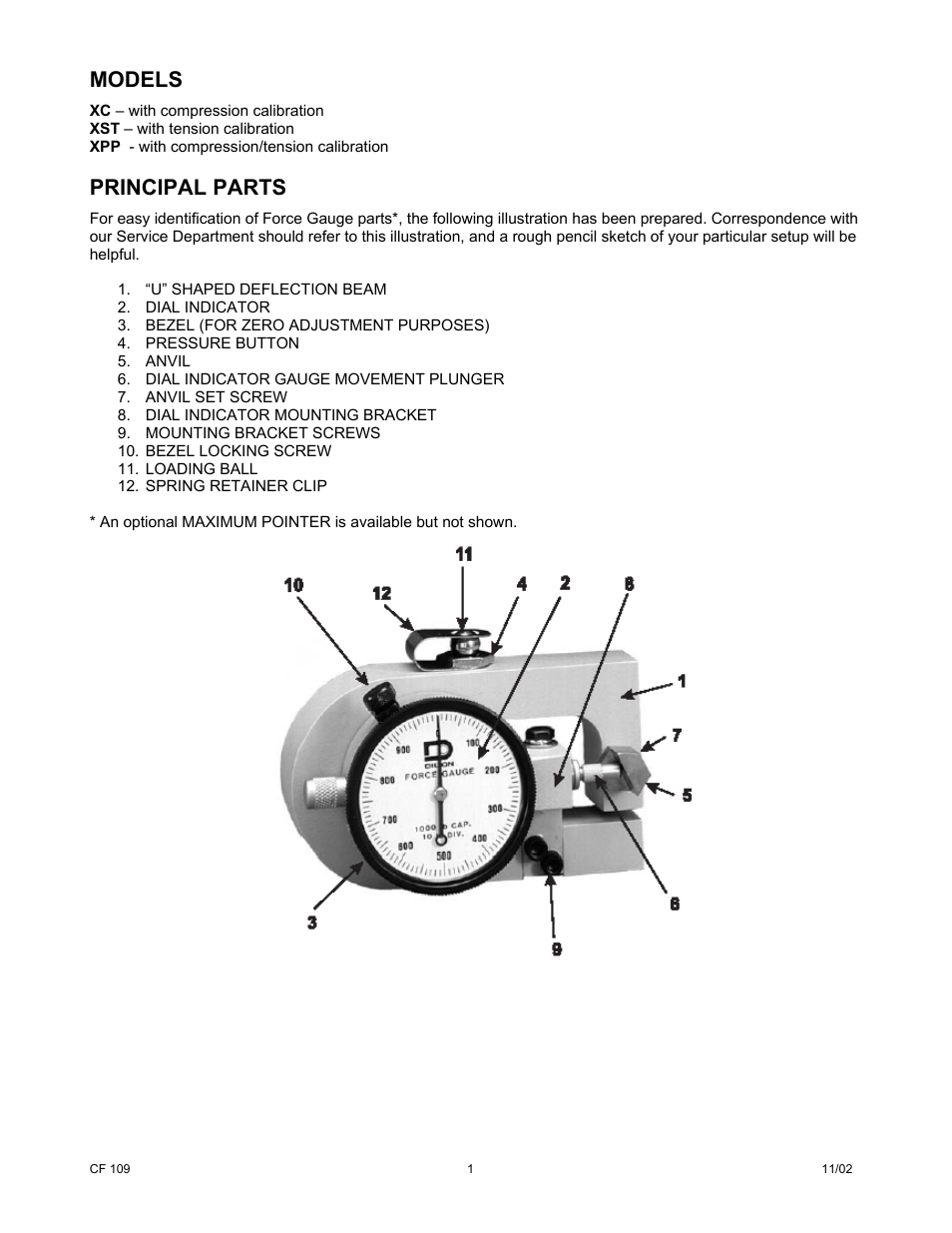 Models, Principal parts | Cooper Instruments & Systems XST Tension Only Mechanical Force Gage User Manual | Page 2 / 5