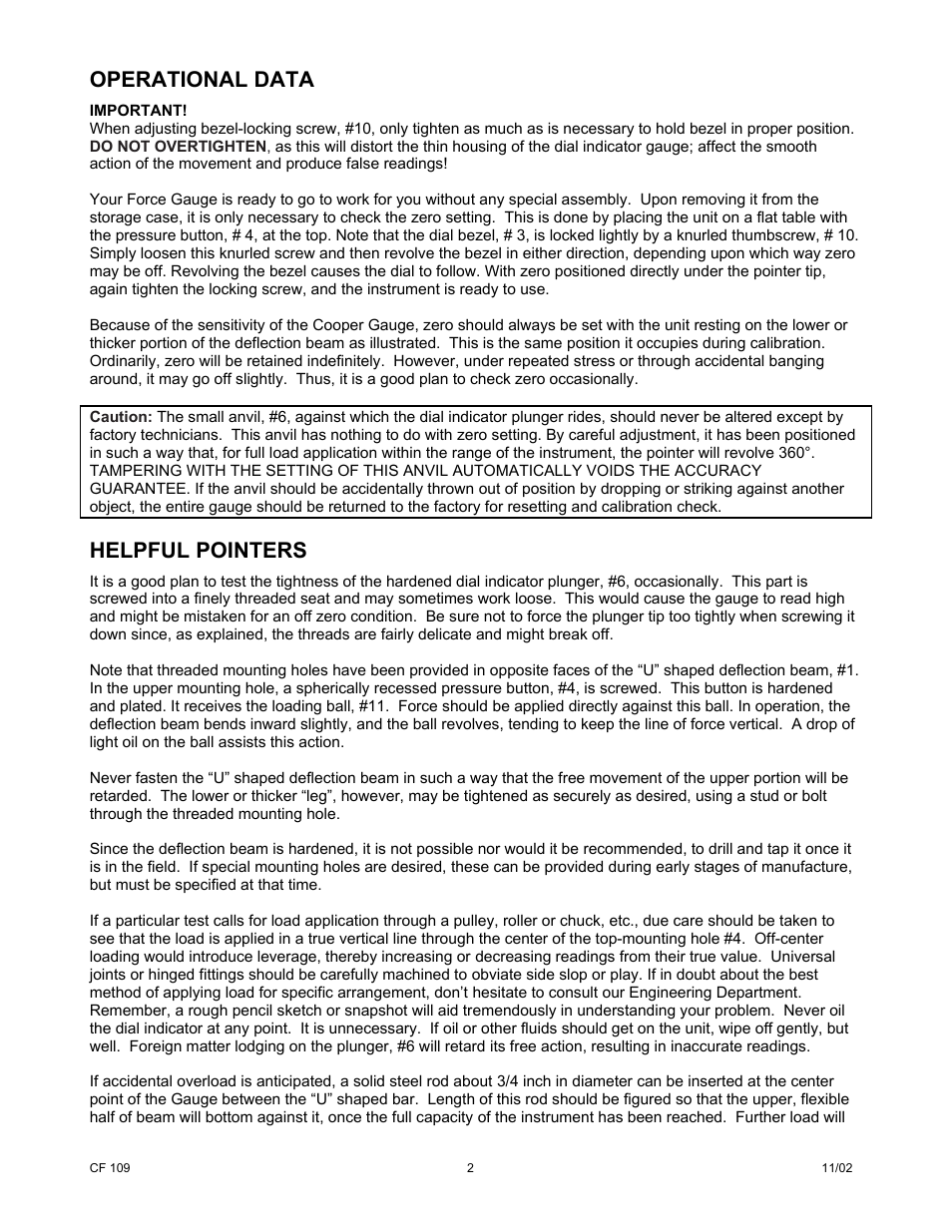 Operational data, Helpful pointers | Cooper Instruments & Systems XST Tension Only Mechanical Force Gage User Manual | Page 3 / 5
