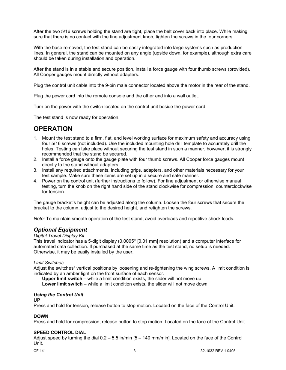 Operation | Cooper Instruments & Systems TSFM 500 Motorized Force Test Stand User Manual | Page 3 / 7