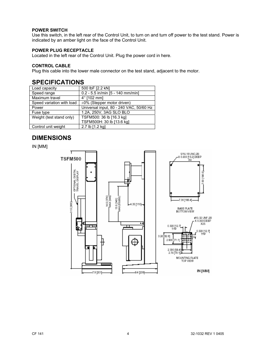 Specifications, Dimensions | Cooper Instruments & Systems TSFM 500 Motorized Force Test Stand User Manual | Page 4 / 7