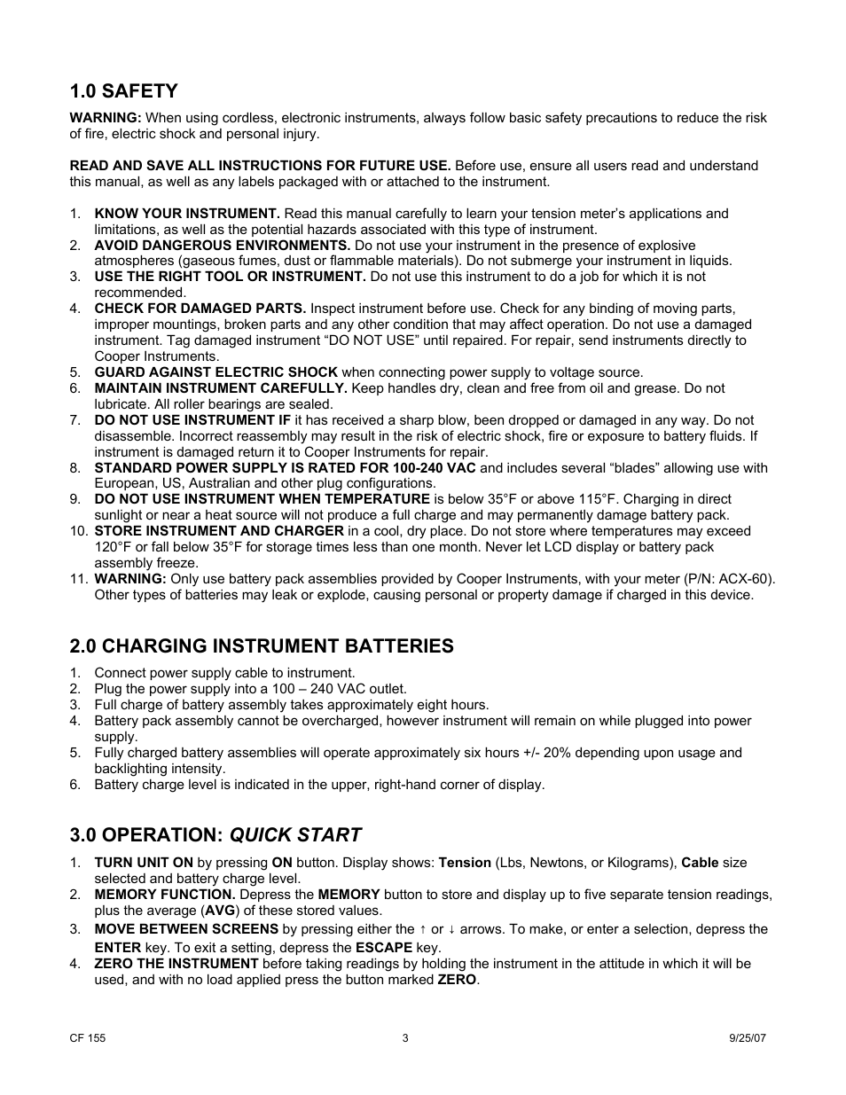 0 safety, 0 charging instrument batteries, 0 operation: quick start | Cooper Instruments & Systems ACX-1 Aircraft Cable Tension Meter User Manual | Page 3 / 8