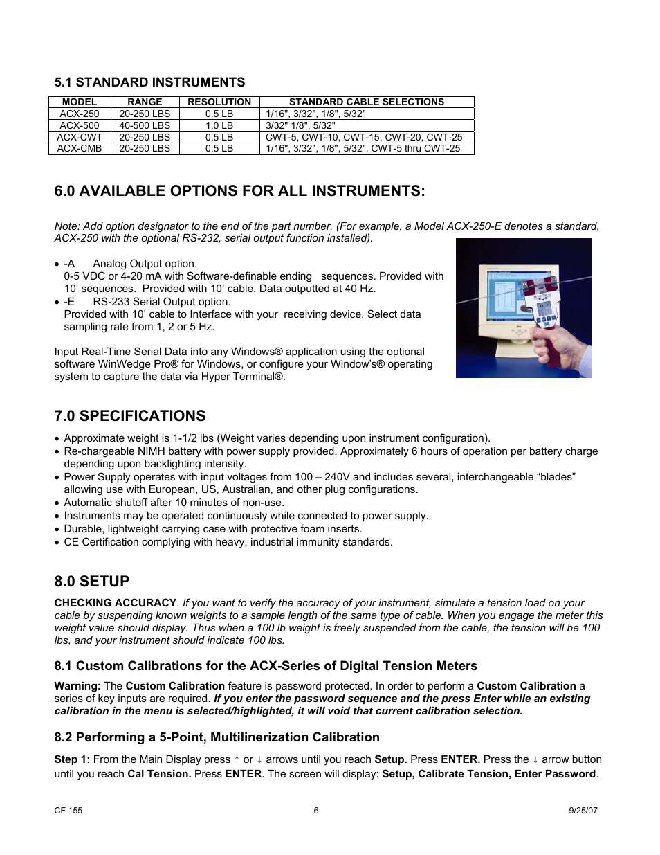 0 available options for all instruments, 0 specifications, 0 setup | Cooper Instruments & Systems ACX-1 Aircraft Cable Tension Meter User Manual | Page 6 / 8