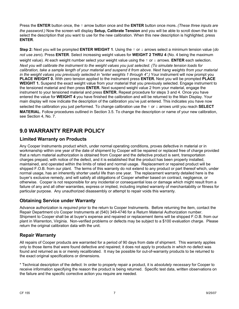 0 warranty repair policy | Cooper Instruments & Systems ACX-1 Aircraft Cable Tension Meter User Manual | Page 7 / 8