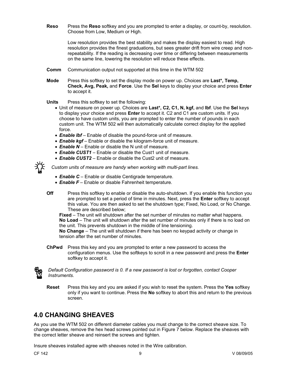 0 changing sheaves | Cooper Instruments & Systems WTM 502 Wire Tension Meter User Manual | Page 11 / 15