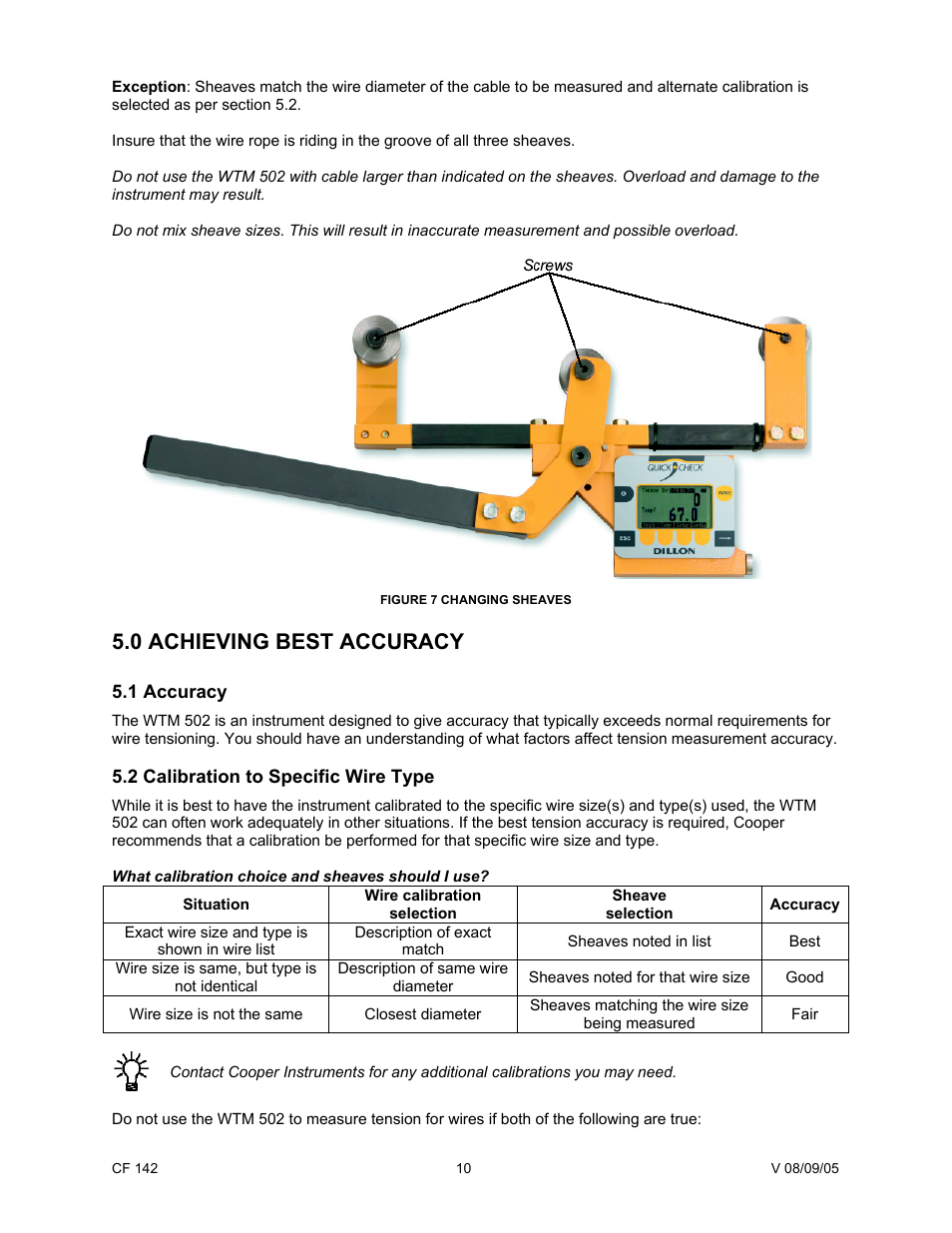 0 achieving best accuracy, 1 accuracy, 2 calibration to specific wire type | 1 accuracy 5.2 calibration to specific wire type | Cooper Instruments & Systems WTM 502 Wire Tension Meter User Manual | Page 12 / 15