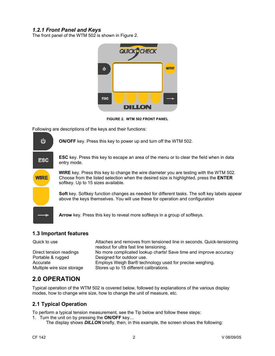 1 front panel and keys, 3 important features, 0 operation | 1 typical operation, 21 front panel and keys | Cooper Instruments & Systems WTM 502 Wire Tension Meter User Manual | Page 4 / 15