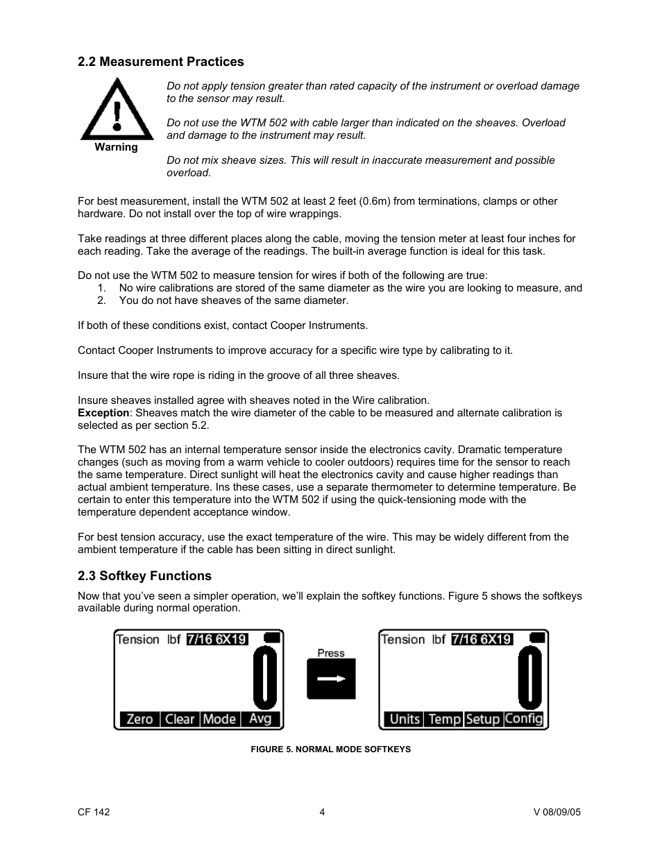2 measurement practices, 3 softkey functions, 2 measurement practices 2.3 softkey functions | Cooper Instruments & Systems WTM 502 Wire Tension Meter User Manual | Page 6 / 15